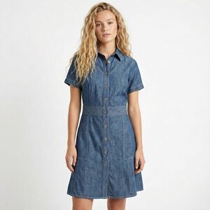 eShakti Denim Dress XL Blue Cotton Fit Flare Button Front Pockets Mid Length
